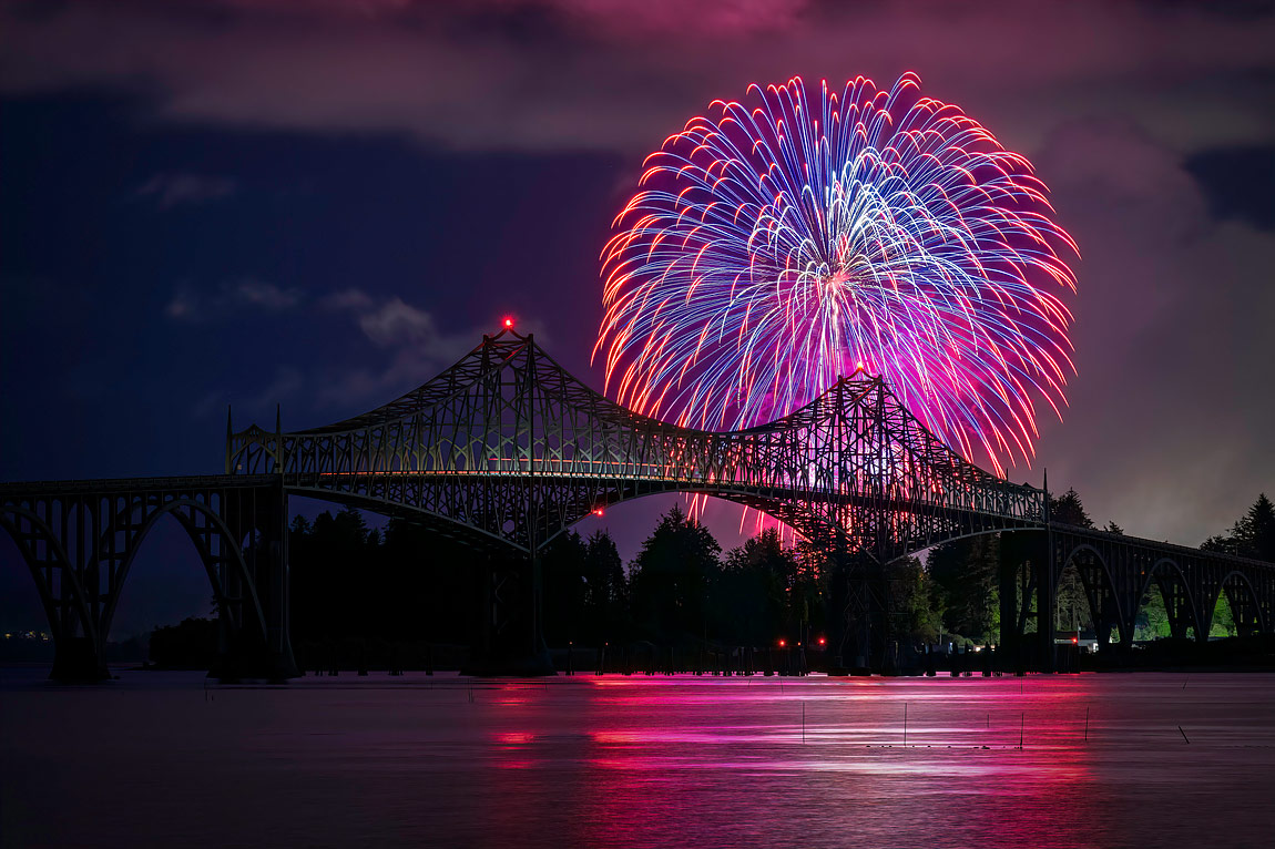 Mccullough Bridge Fireworks, North Bend, Oregon, USA