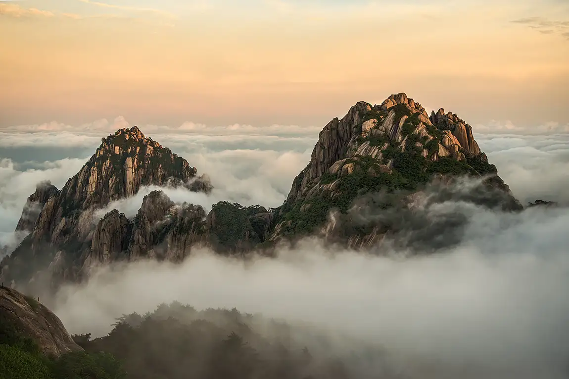 Huangshan mountains sunset, china