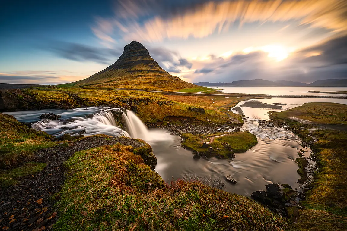 Kirkjufellsfoss and kirkjufell at sunrise, snaefellsnes peninsula, iceland