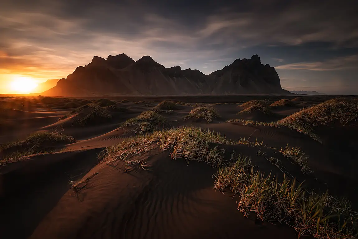 Sunset over stokksnes, vestrahorn, iceland