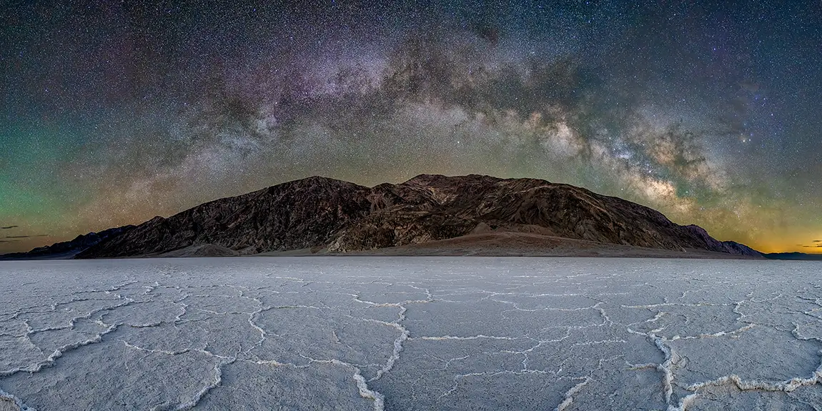 Badwater milky way arch panorama, salt flats, death valley, california, usa