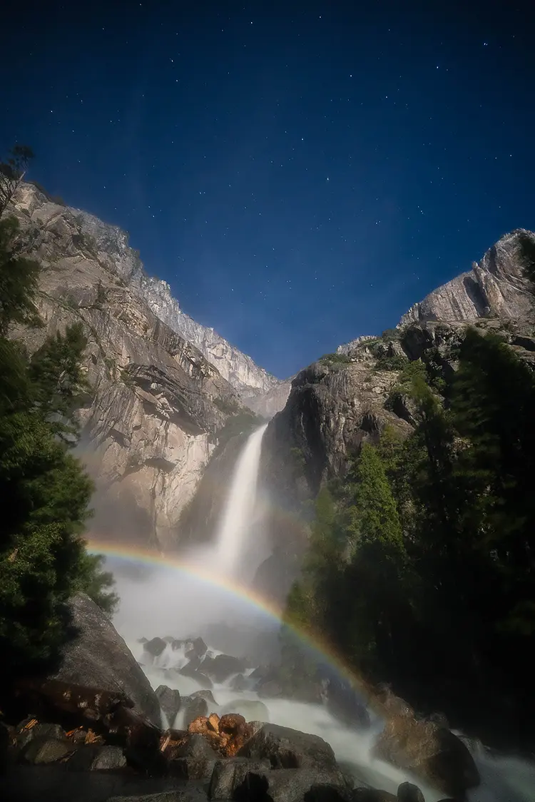 Double moonbow over yosemite falls, california, usa