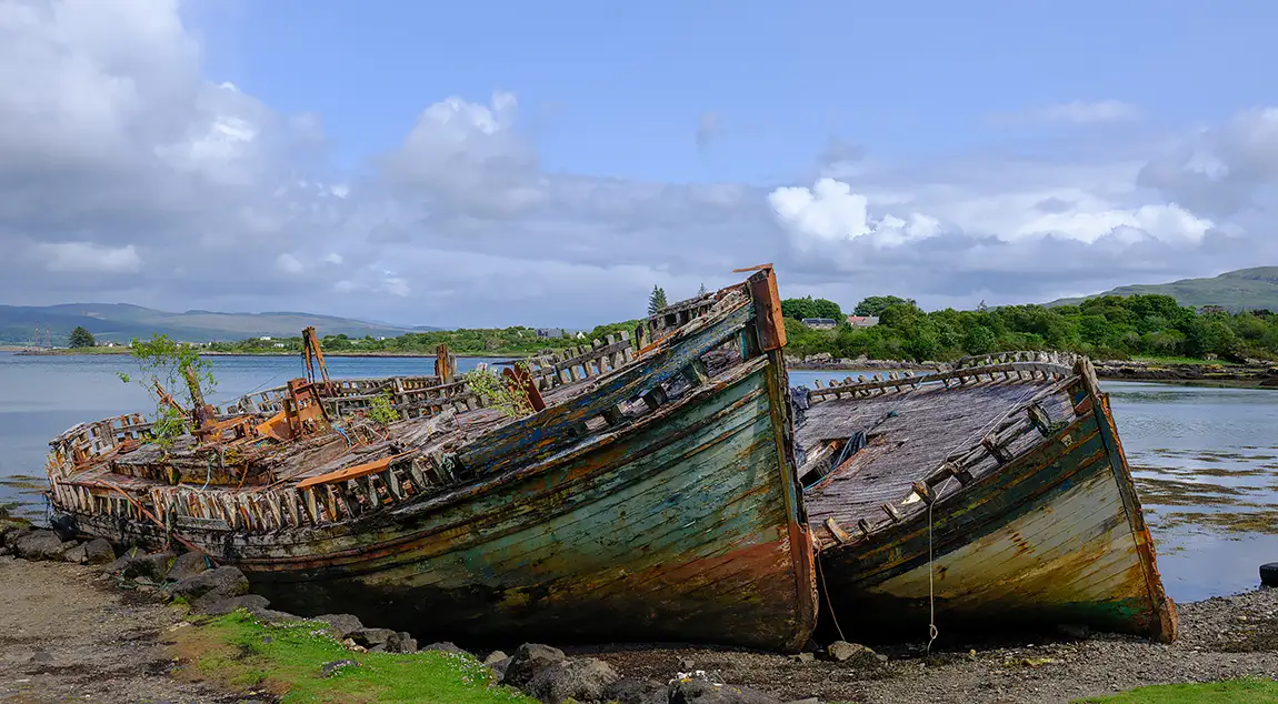 Wrecks on the shore, salen, isle of mull, scotland