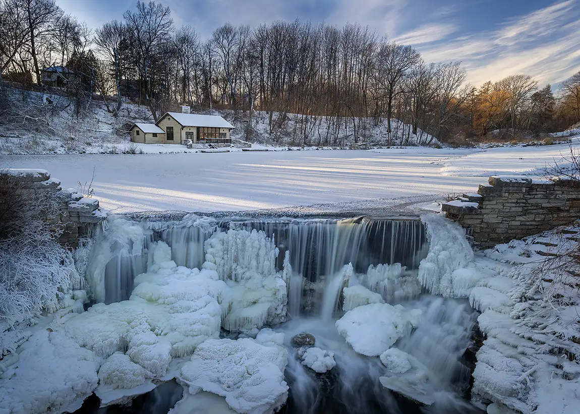 Mill pond in winter, oak creek, milwaukee county, wisconsin, usa