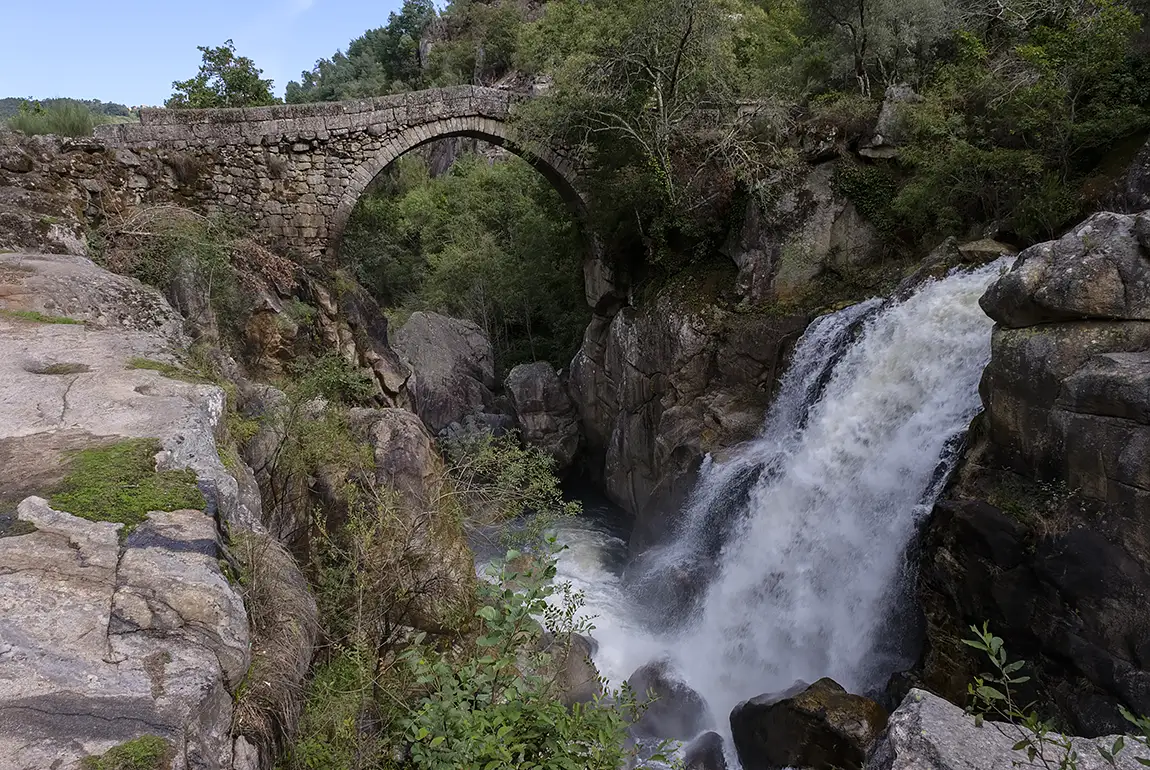 Mizarela bridge and waterfall, geres national park, portugal
