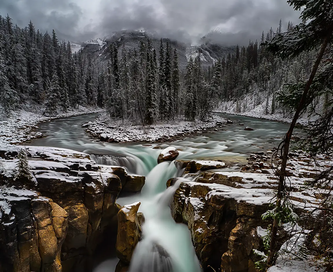 Sanwapta falls after fresh snow, icefields parkway, alberta, canada