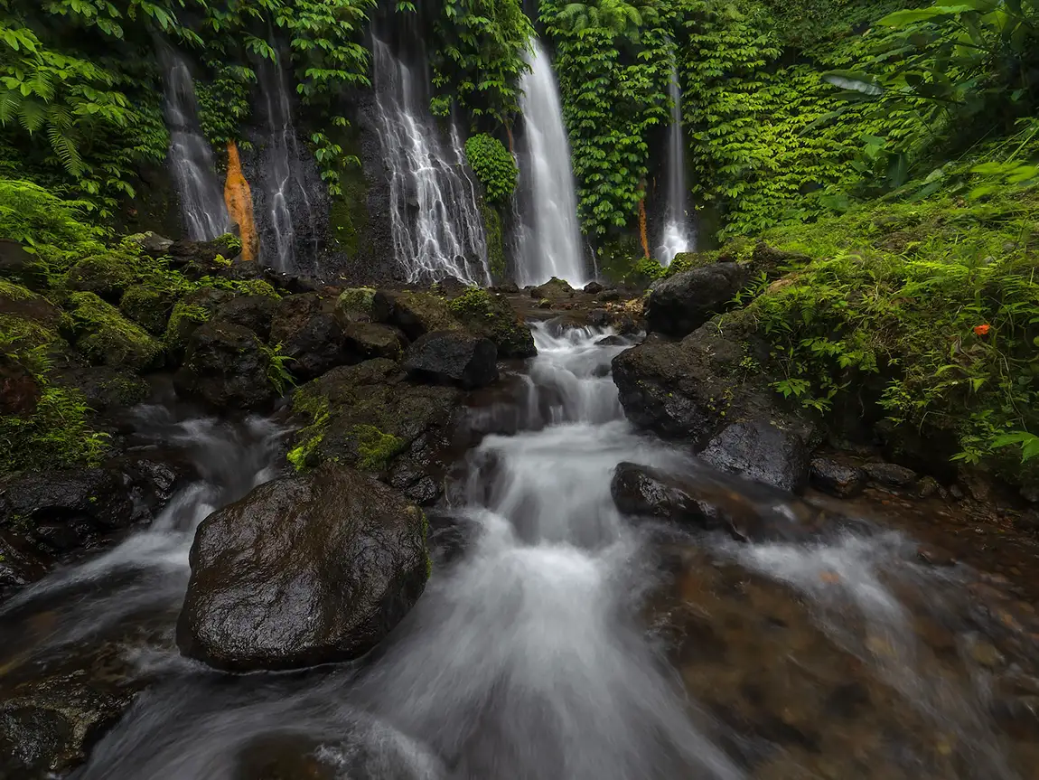 Trio waterfall, munduk area, bali, indonesia