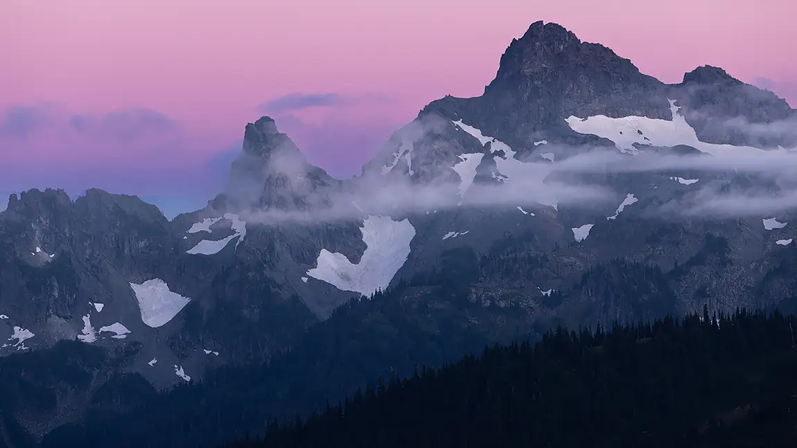 Evening light, cowlitz chimneys, mount rainier np, washington, usa