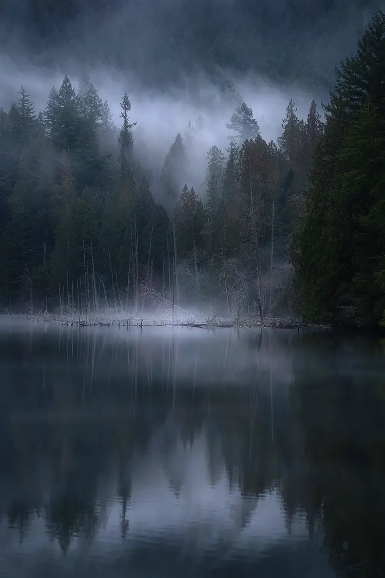 Foggy killarney lake, bowen island, british columbia, canada