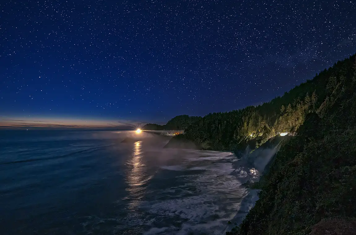 Misty evening at heceta head, florence, oregon, usa