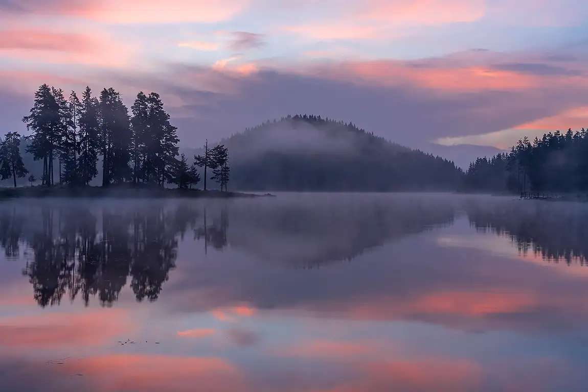 Misty shiroka polyana sunrise, rhodope mountains, bulgaria