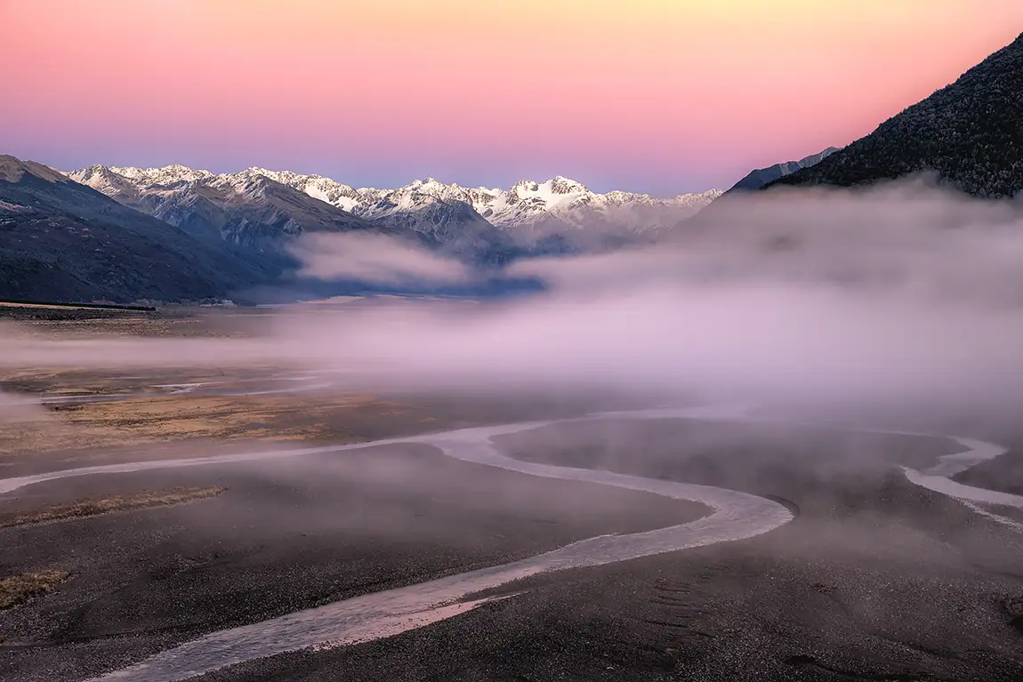 Misty waimakariri river valley, arthur's pass national park, south island, new zealand