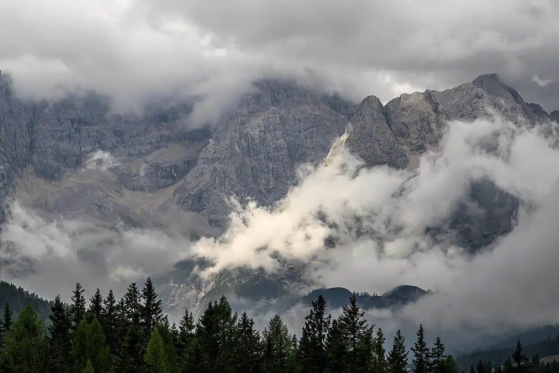 Mountain morning mist, dolomites, cortina d'ampezzo, italy
