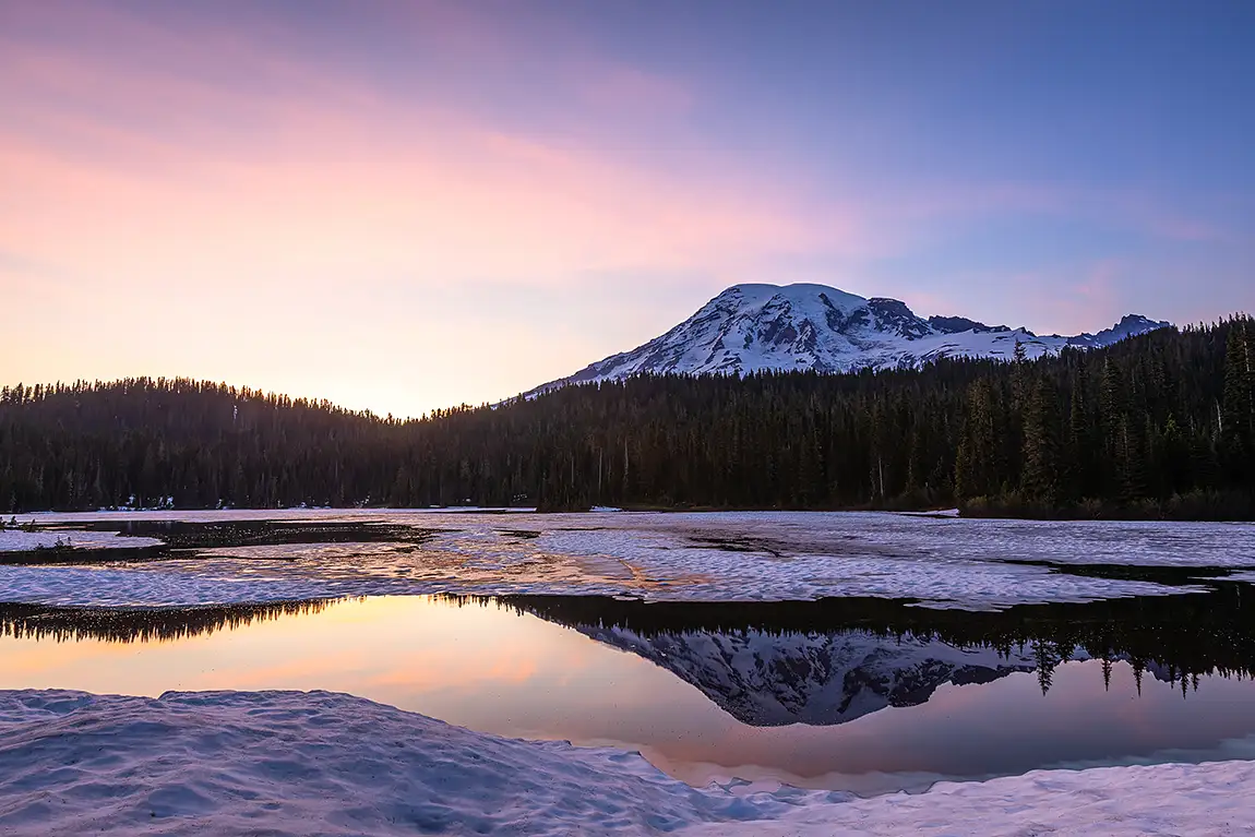 Reflection lake sunset hues, mount rainier national park, washington, usa