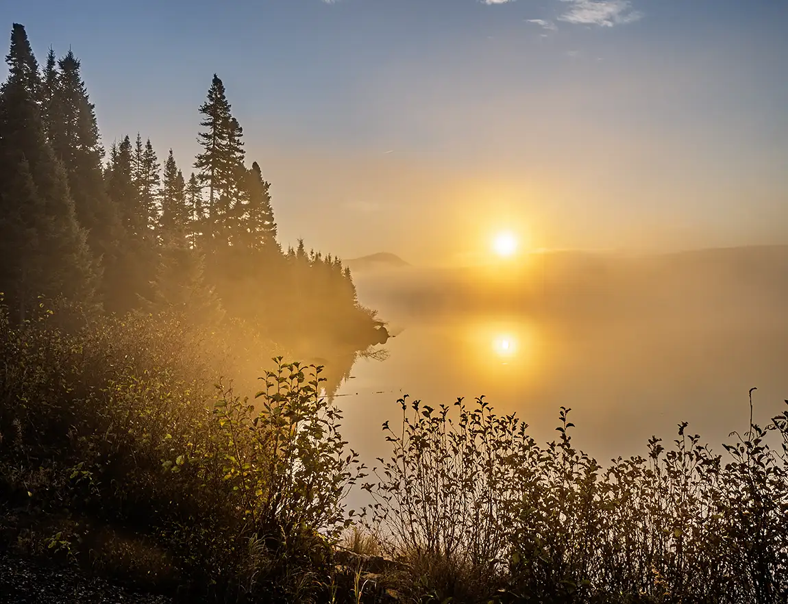 St anne du nord lake fog, charlevoix, quebec, canada