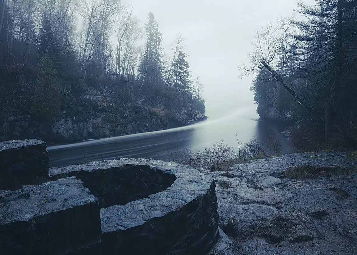 Temperance river under fog, temperance river state park, minnesota, usa