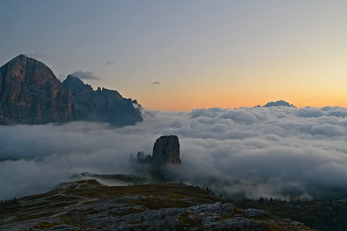 Cinque torri and toscana at dawn, rifugio averau, dolomites, italy