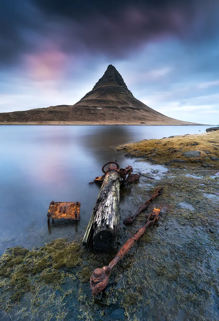 Kirkjufell mountain at sunset, iceland
