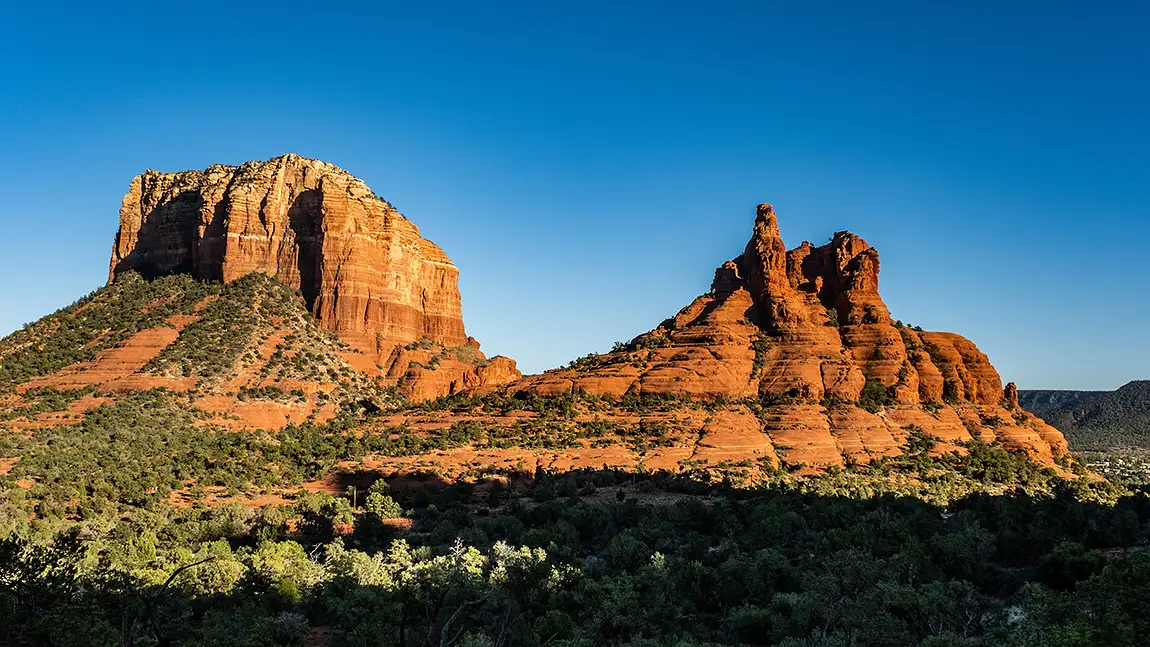 Bell And Courthouse Rocks At Sunset, Sedona, AZ, USA