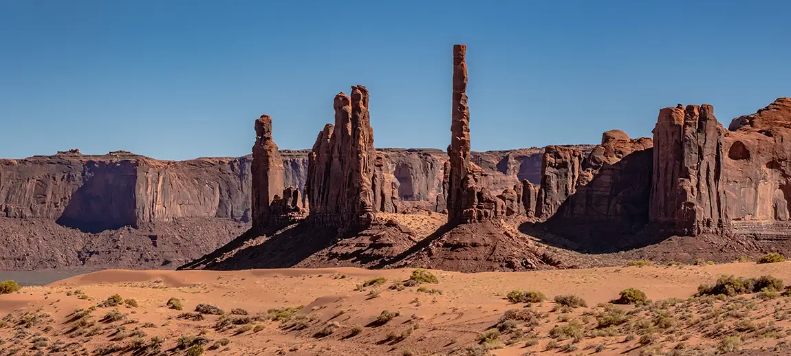 Totem Pole And Yei Bi Chei, Monument Valley Navajo Tribal Park, Arizona, USA