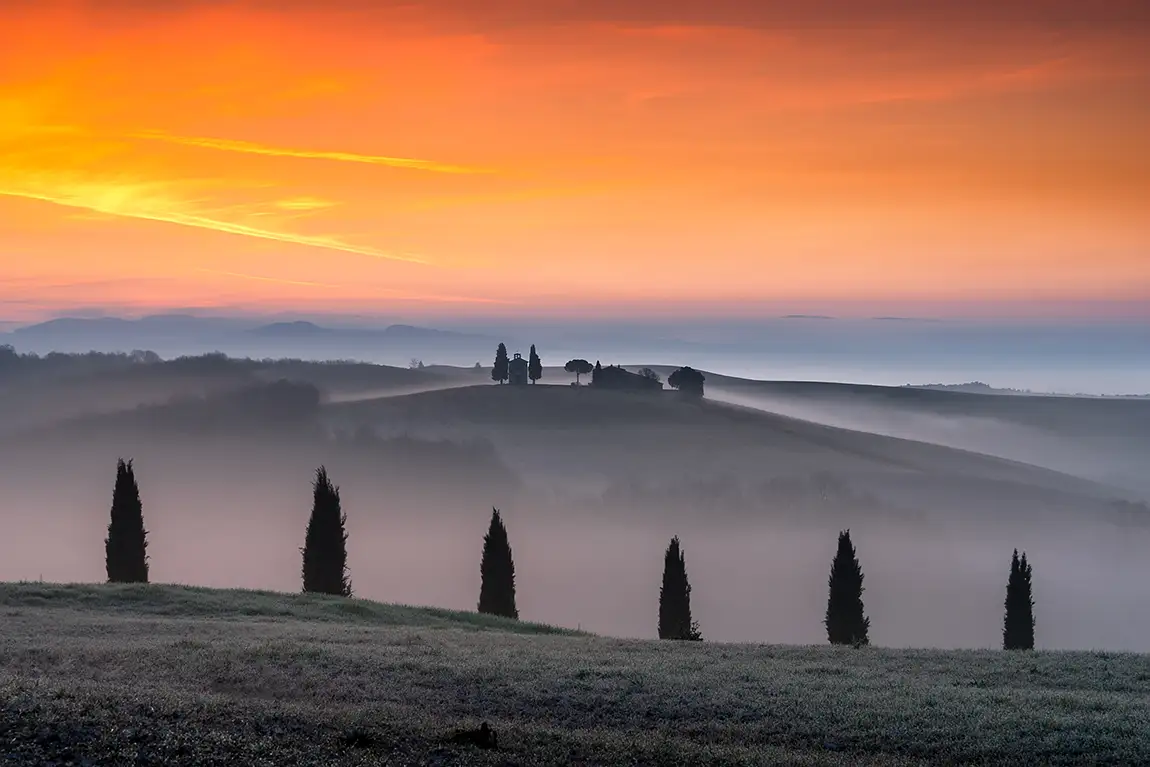 Foggy Sunrise, Madonna Di Vitaleta Chapel, San Quirico, Tuscany, Italy