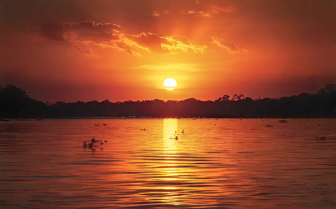 Sun Setting Over Cuiaba River, Pantanal, Mato Grosso, Brazil