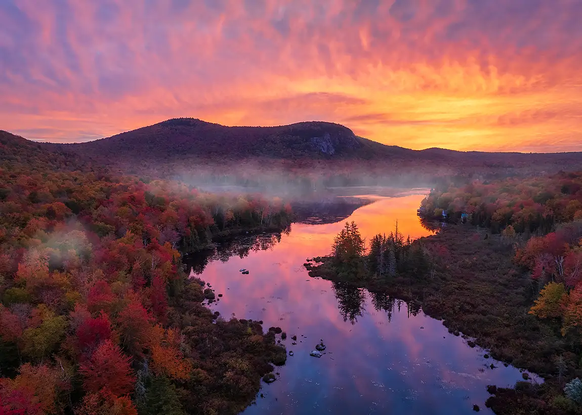 Autumn Sunrise Over Pond, Groton State Forest, Marshfield, Vermont, USA