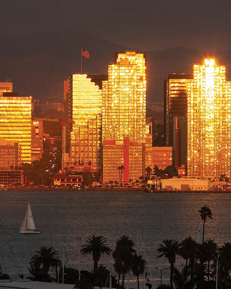 Sunset Light Reflection On San Diego Skyline, CA, USA