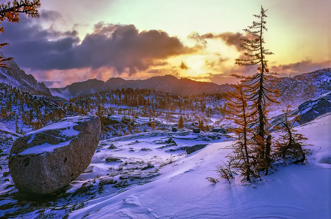 Enchantment Lakes Plateau Snowy Sunrise, Alpine Lakes Wilderness, WA, USA
