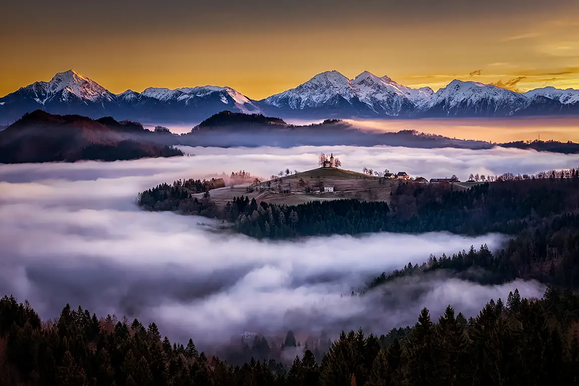 Golden Foggy Morning, St Thomas Church, Ratece, Slovenia