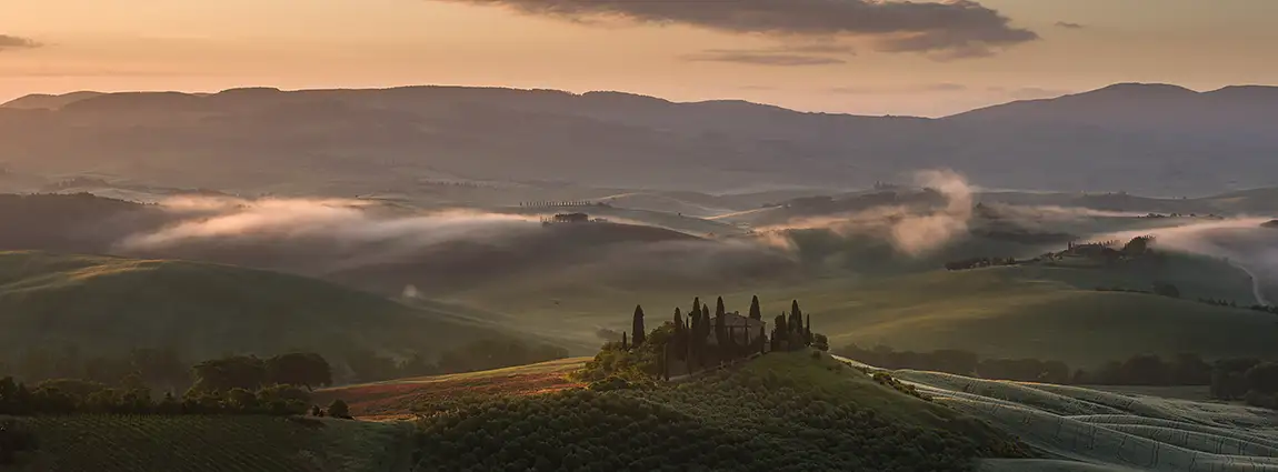 Misty Morning Rising Sun, San Quirico d Orcia, Tuscany, Italy
