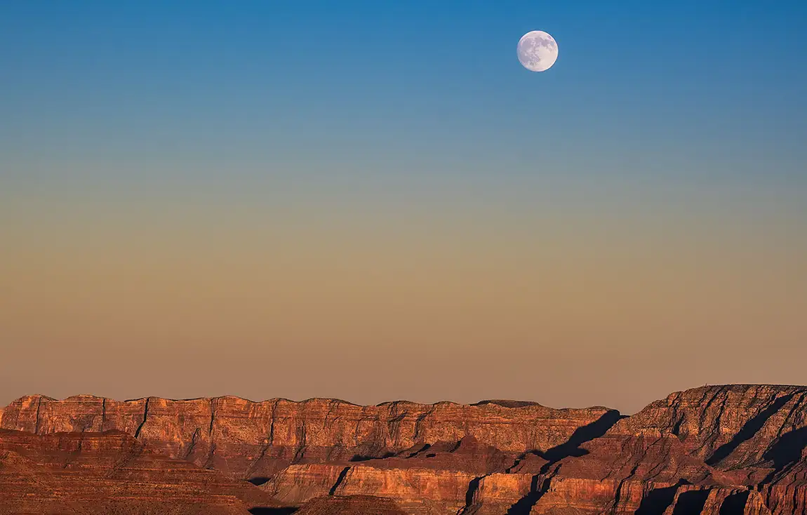 Moonrise At Sunset, Grand Canyon, Coconino County, Arizona, USA