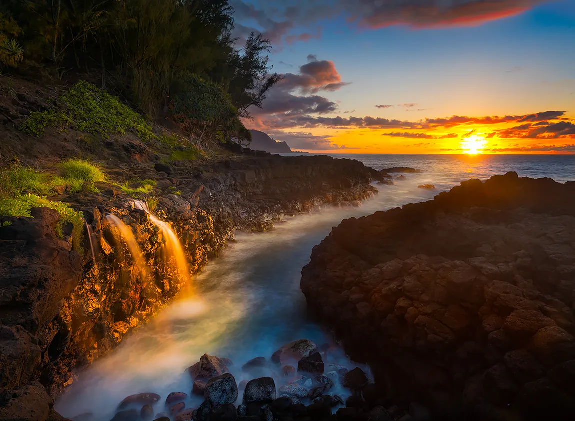 Golden Pathway To Kauai Sunset, Queens Bath, Princeville, Kauai, HI, USA