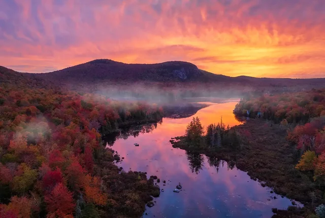Autumn Sunrise Over Pond, Groton State Forest, Marshfield, Vermont, USA