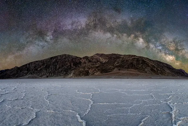 Badwater milky way arch panorama, salt flats, death valley, california, usa