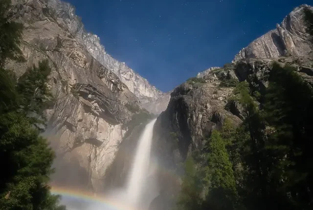 Double moonbow over yosemite falls, california, usa