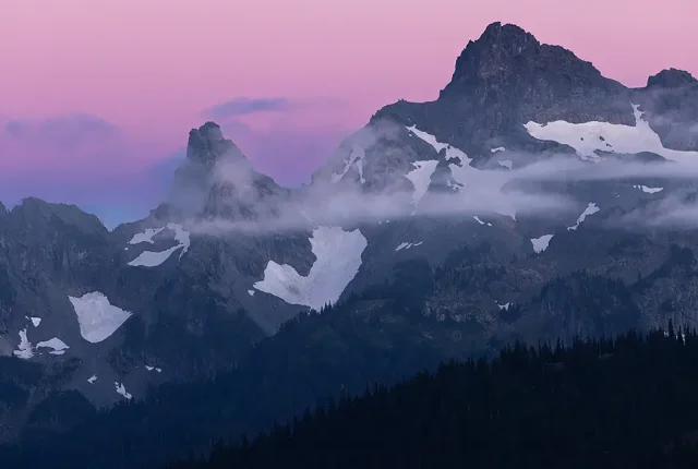 Evening light, cowlitz chimneys, mount rainier np, washington, usa