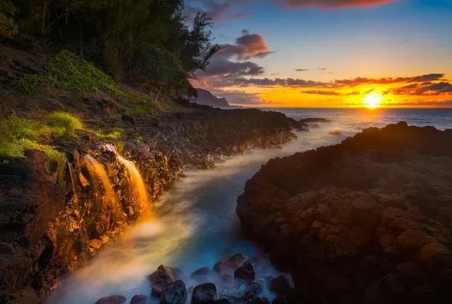 Golden Pathway To Kauai Sunset, Queens Bath, Princeville, Kauai, HI, USA