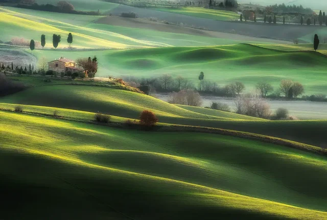 Lands of siena sunrise, val d'orcia, tuscany, italy