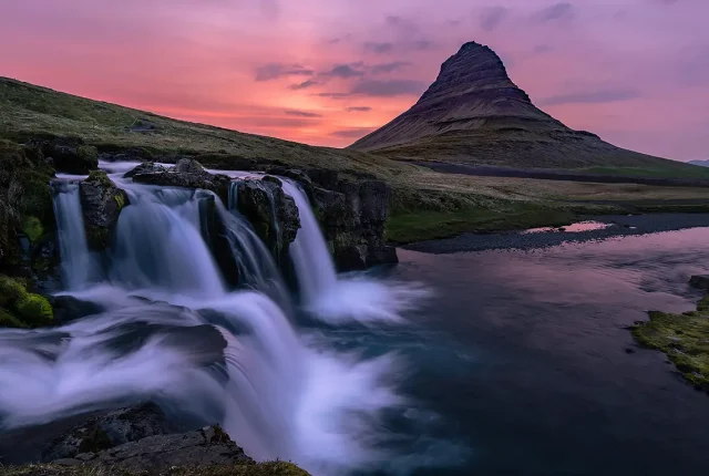 Midnight at kirkjufellsfoss, grundarfjordur, iceland
