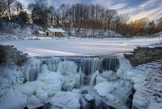 Mill pond in winter, oak creek, milwaukee county, wisconsin, usa