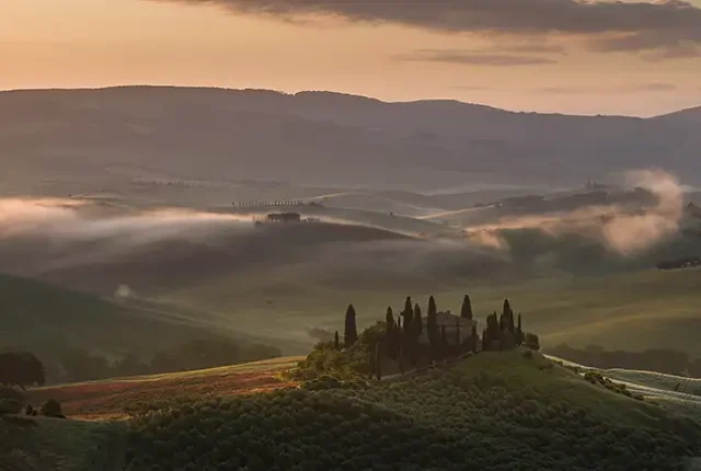 Misty Morning Rising Sun, San Quirico d Orcia, Tuscany, Italy