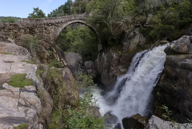 Mizarela bridge and waterfall, geres national park, portugal