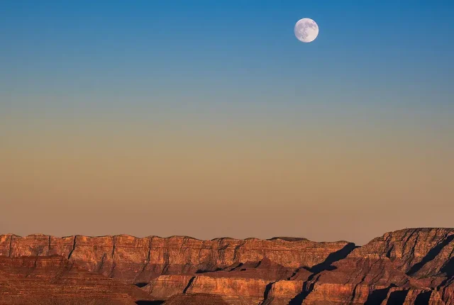 Moonrise At Sunset, Grand Canyon, Coconino County, Arizona, USA
