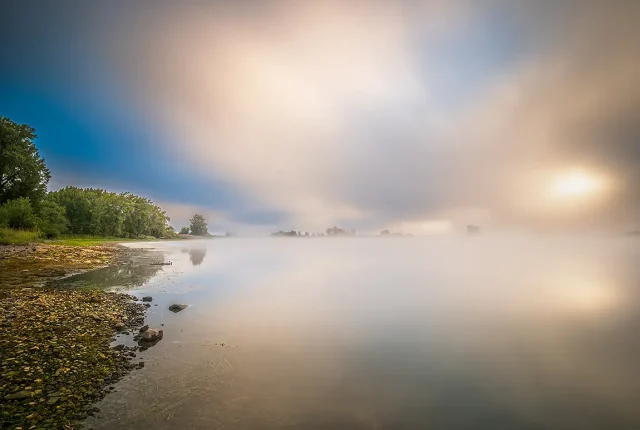 Morning charming fog, plage de l'est, montreal quebec, canada