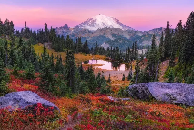 Mount Rainier Fall Sunrise, Mount Rainier National Park, Washington, USA