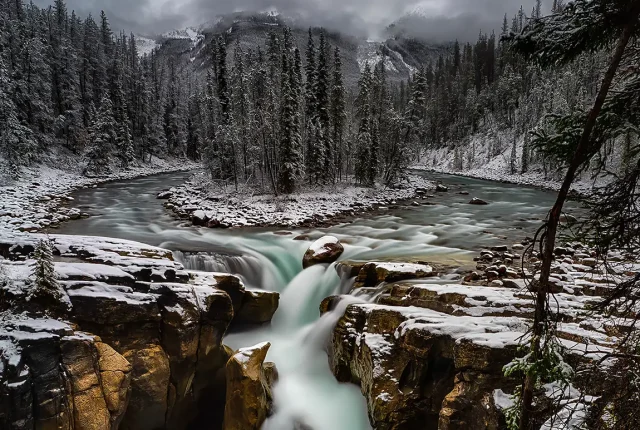 Sanwapta falls after fresh snow, icefields parkway, alberta, canada