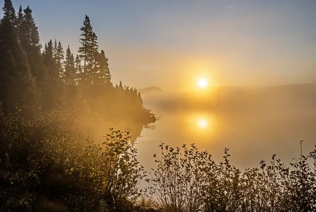 St anne du nord lake fog, charlevoix, quebec, canada