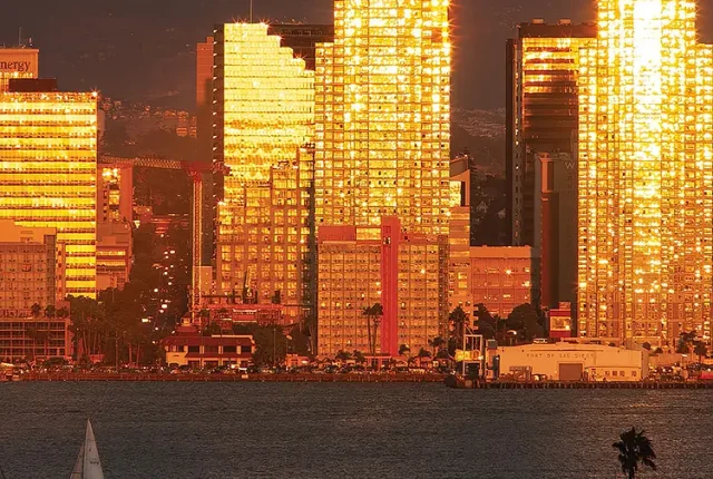Sunset Light Reflection On San Diego Skyline, CA, USA
