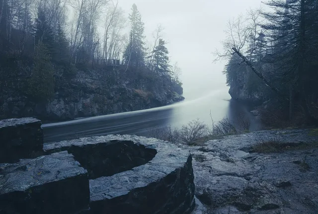 Temperance river under fog, temperance river state park, minnesota, usa